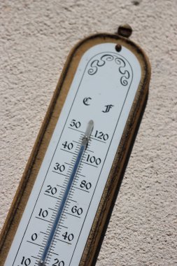 Yaz sıcağı, açık havada yüksek sıcaklık. Beyaz duvar arka planında sıcaklık 44 dereceye ulaşıyor.