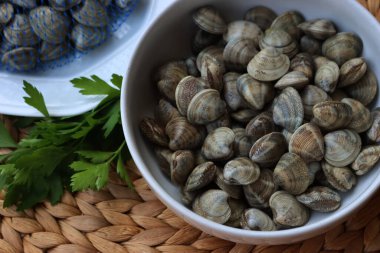 Many littleneck fresh clams in a white bowl with parsley leaves on wooden table clipart