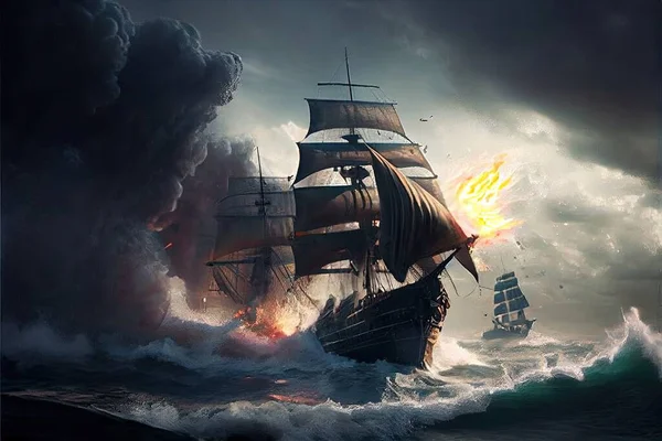 old ship with a large burning boat on the sea.