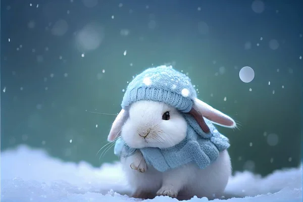 cute little rabbit in a blue hat and a white knitted scarf on a green background
