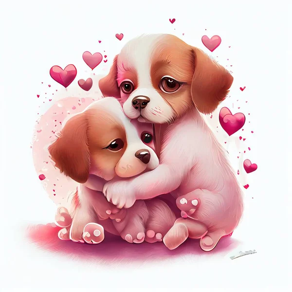 cute puppy with pink heart and red hearts on white background