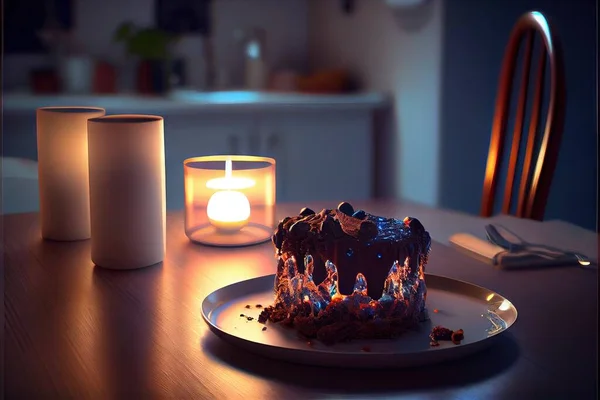 delicious chocolate cake with a candle on a table