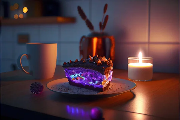 delicious cake with candles on table