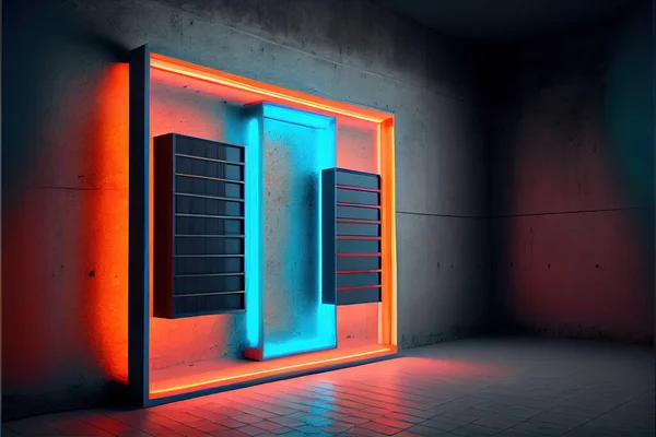 3d rendering of a modern building with neon light