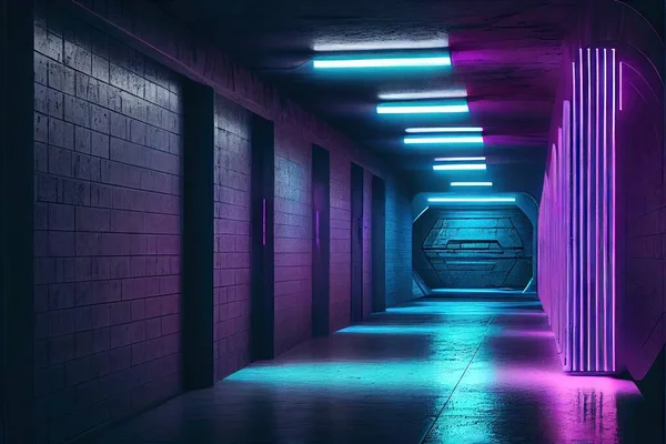 neon tunnel with dark empty room with lights and reflections. 3d illustration