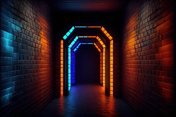 neon tunnel with dark brick wall and corridor