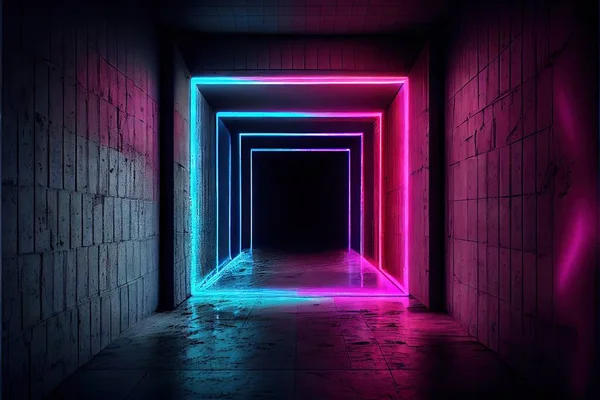 neon glowing tunnel with dark background, 3d rendering