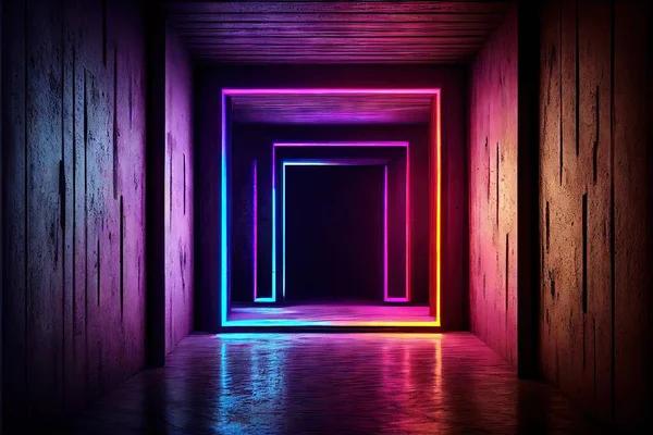 empty room with neon light and reflections. 3d illustration