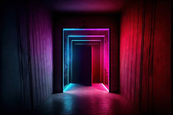 neon glowing tunnel with dark purple and blue lights. 3d rendering