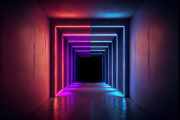 neon glowing tunnel with dark background, empty space, 3d rendering