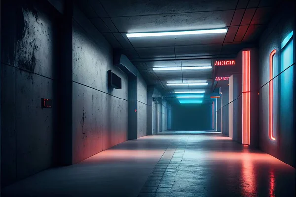 underground corridor with dark doors and lights
