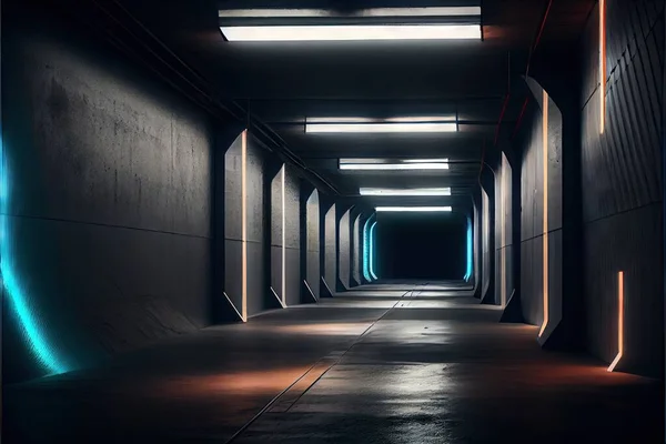 underground tunnel with neon lights. 3d rendering