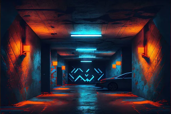 neon light, underground tunnel, dark smoke, empty space, background, 3d rendering
