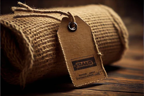 close up of a wooden label with a tag on a brown background