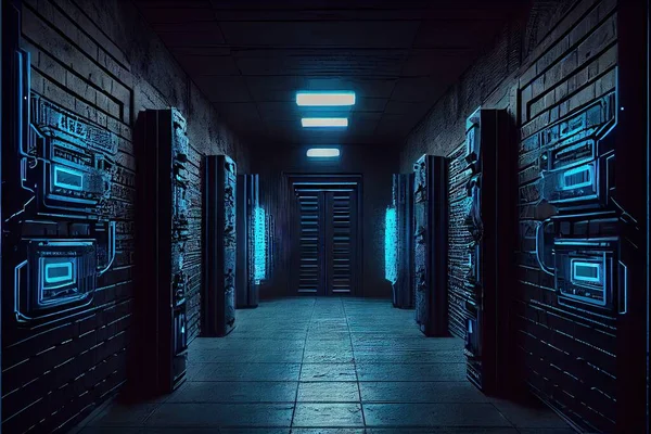3d rendering of a server room with servers and a locker