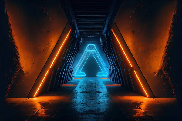neon glowing tunnel with dark background, empty space for text. 3d illustration