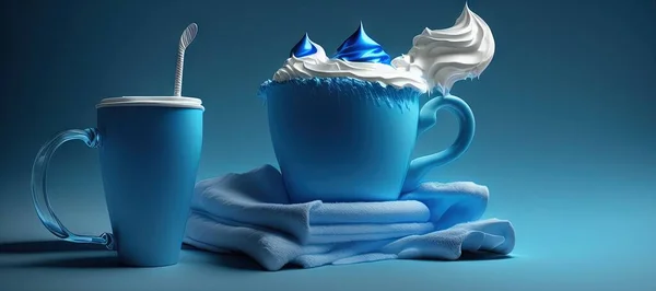 cup of coffee and marshmallow on a blue background.