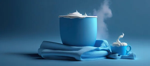 white cup of tea with a blue mug on a dark background.
