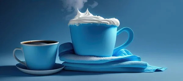 cup of coffee and blue mug on a turquoise background