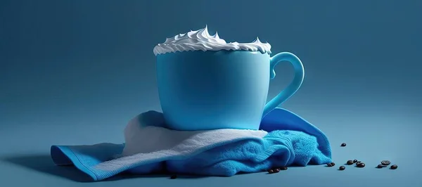 cup of coffee and marshmallows on blue background