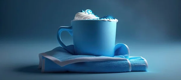 cup of coffee and marshmallows on blue background