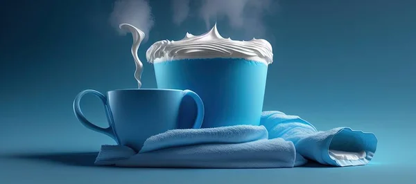 blue mug with coffee and cup of tea on color background
