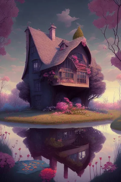 beautiful fairytale house with a small village in the background