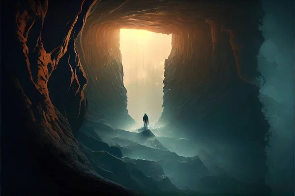 man in a cave with a backpack