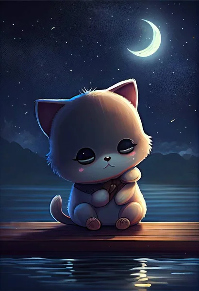 illustration of a cute cat on a background of a moon