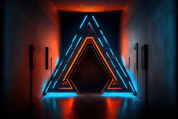 neon glowing lights in the dark room with reflection of light and blue lines. 3d illustration
