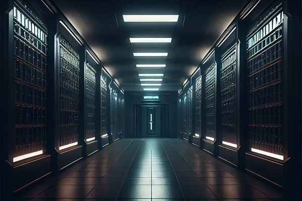 3d rendering of a server room with servers and a glowing neon lights