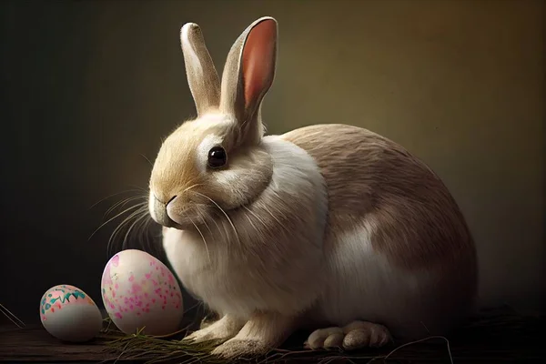 easter bunny with rabbit ears and eggs on a wooden background