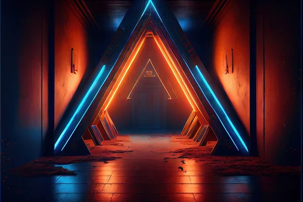 neon glowing tunnel with dark walls and corridor on a brick wall. 3d illustration