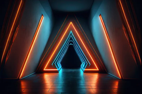 neon glowing tunnel with dark background. 3d illustration