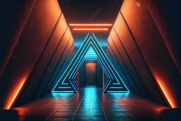 neon tunnel with dark reflections on concrete background, 3d rendering