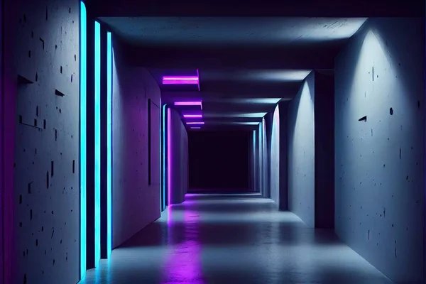 futuristic neon tunnel with dark and blue lights. 3d illustration