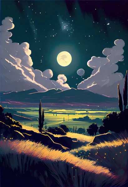 landscape with moon and stars, illustration, vintage background