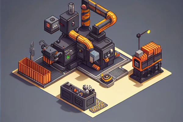 isometric 3d illustration of a factory platform with a machine