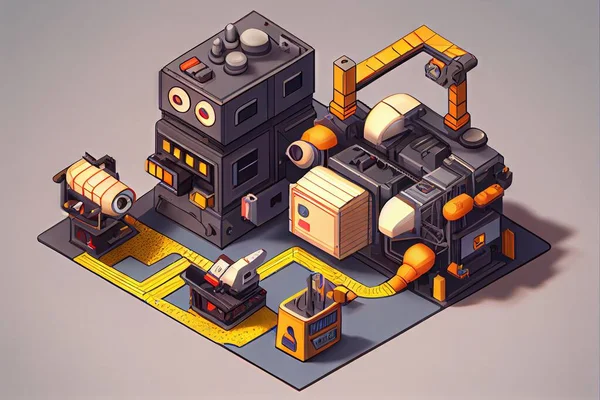 isometric vector illustration of a factory with a robot.