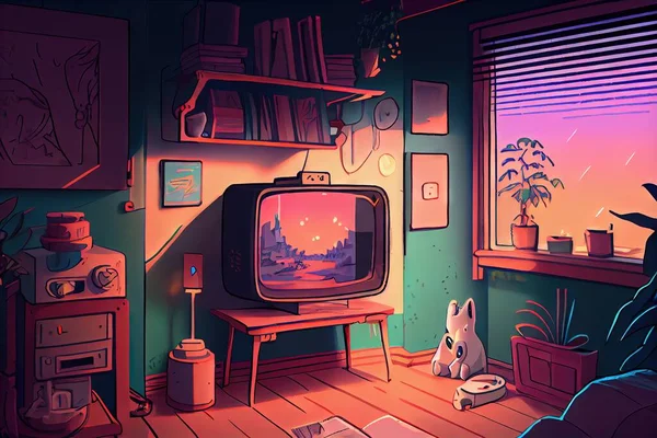 cartoon scene with tv and television in the room
