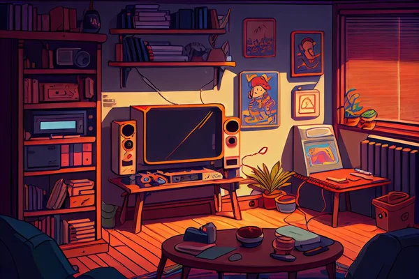cartoon illustration of a room with a tv