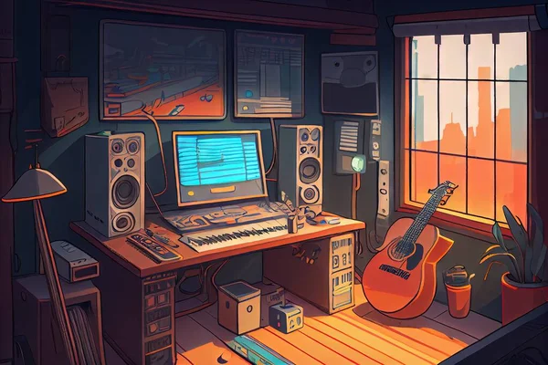 3d illustration of a music room with a guitar