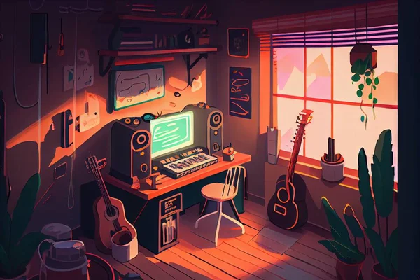 music room with a laptop and a microphone. vector illustration