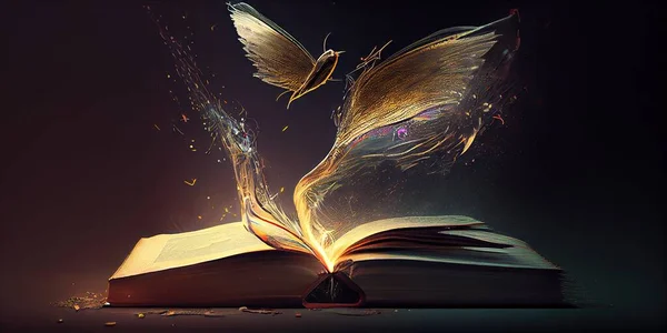 open book with a feather on a dark background