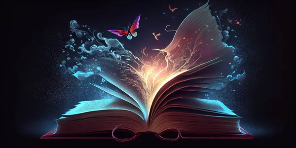 magic book with glowing stars on dark background