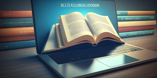 3d illustration of a laptop with a book and a notebook