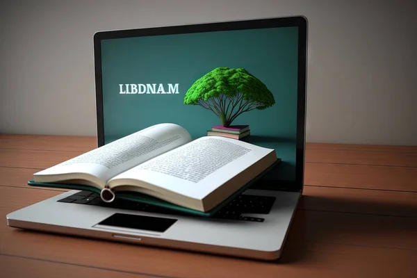 laptop with green screen and books on wooden table