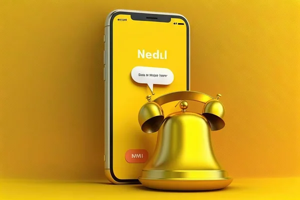 yellow phone with golden alarm clock on orange background. 3d illustration