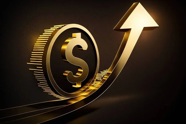 gold bitcoin symbol with arrow on black background. 3d illustration