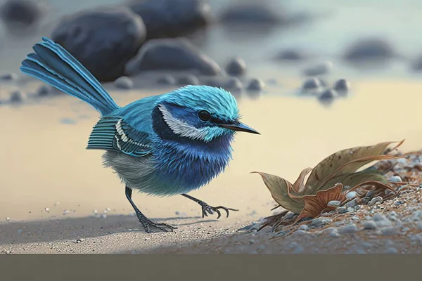 beautiful blue-winged bird with a beak on the beach